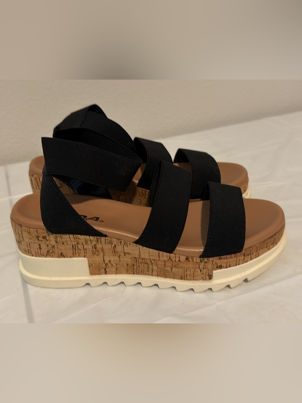 Soda Black Elastic-Strap Cork Platform Wedges